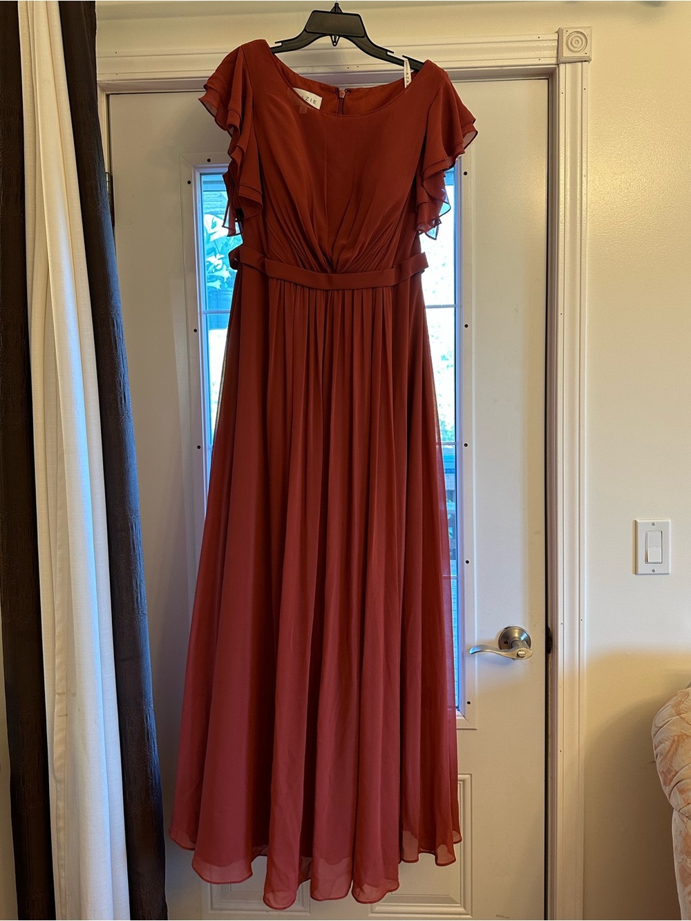 Azazie Terracotta Ruffle-Sleeve Maxi Dress